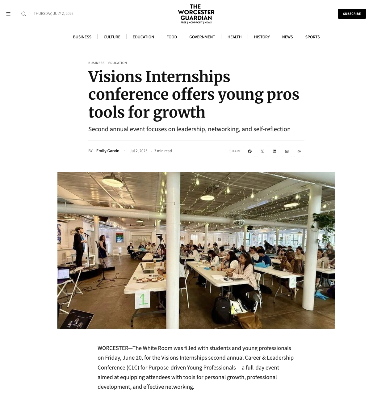 Screenshot of The Worcester Guardian article about the Visions Internships conference